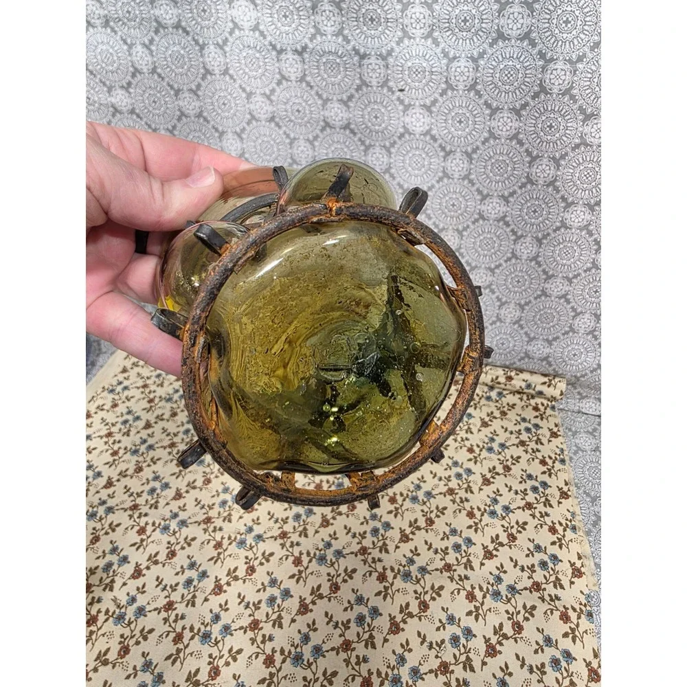 Vintage Crackle Glass Vases Olive Brown Pitcher with Caged‎ Glass Stand Boho Set